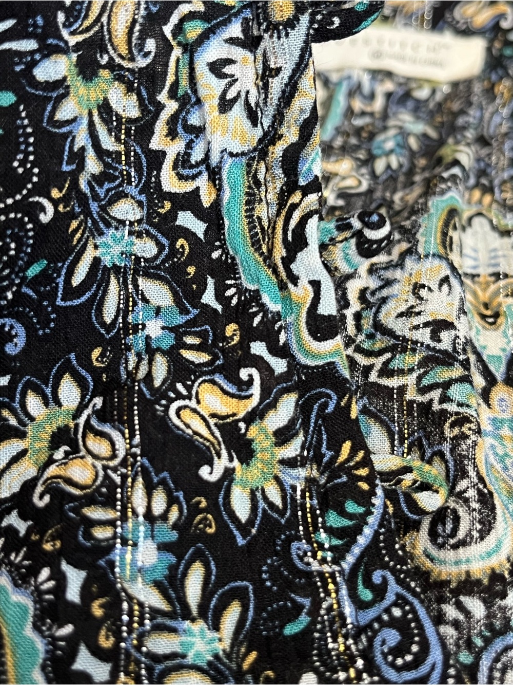 Boho LOVESTITCH Black Floral Paisley Tank Top with Teal & Gold Accents